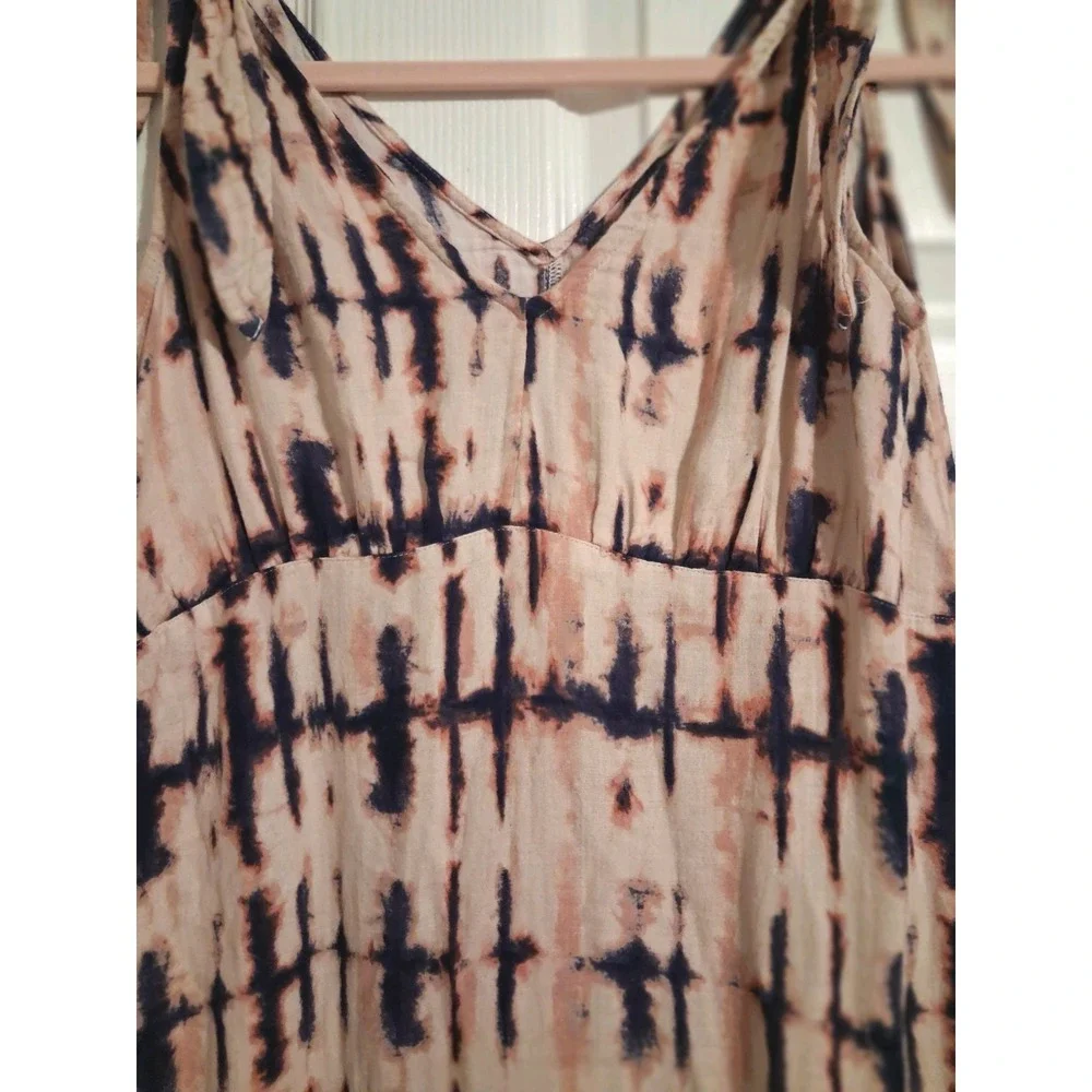Boho 100% Cotton Tie Dye Midi Dress Tie Shoulder Ruffle Hem Fall Layering Small